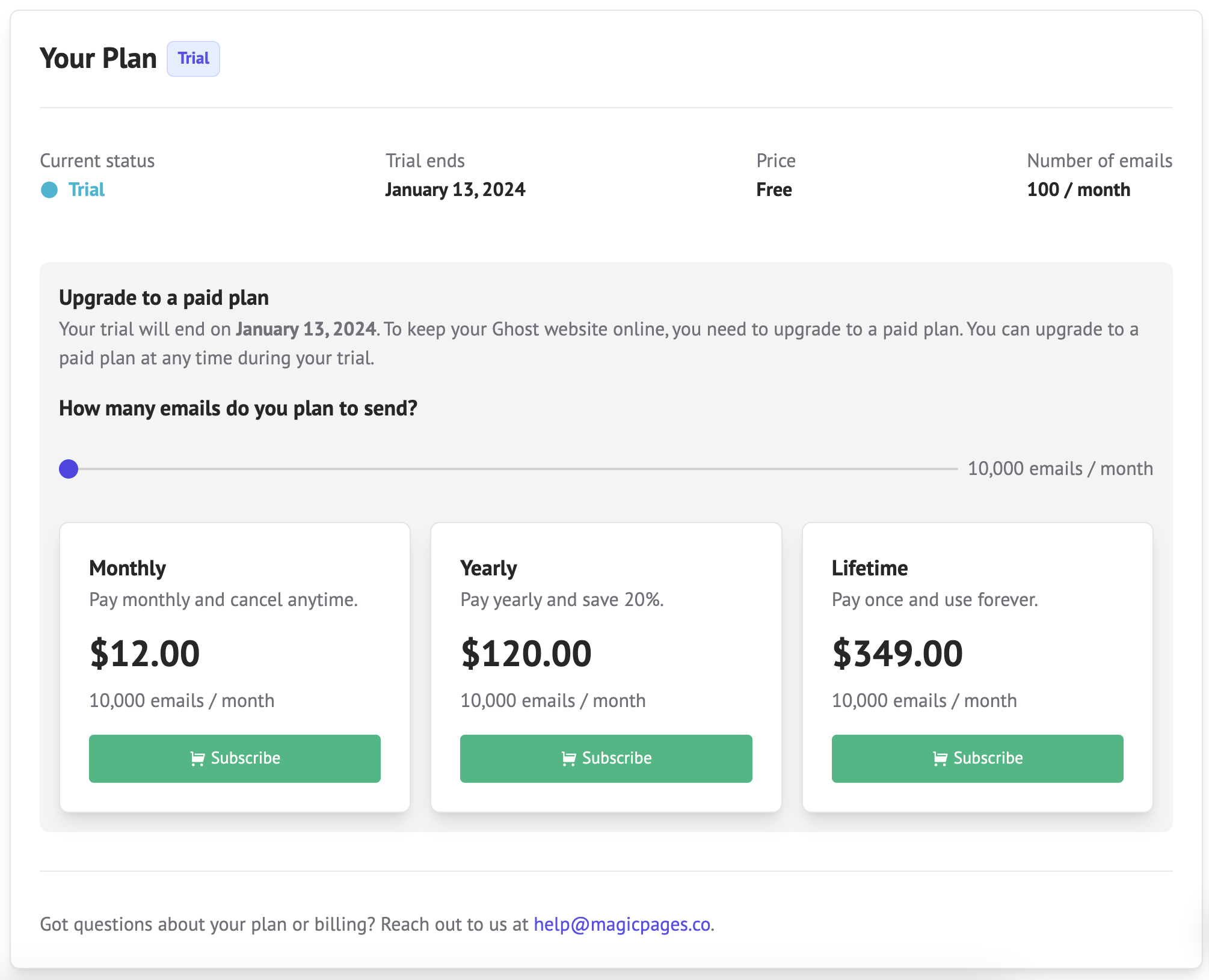 A screenshot of three pricing options: 12$/month, 120$/year, and 349$ for a lifetime plan.